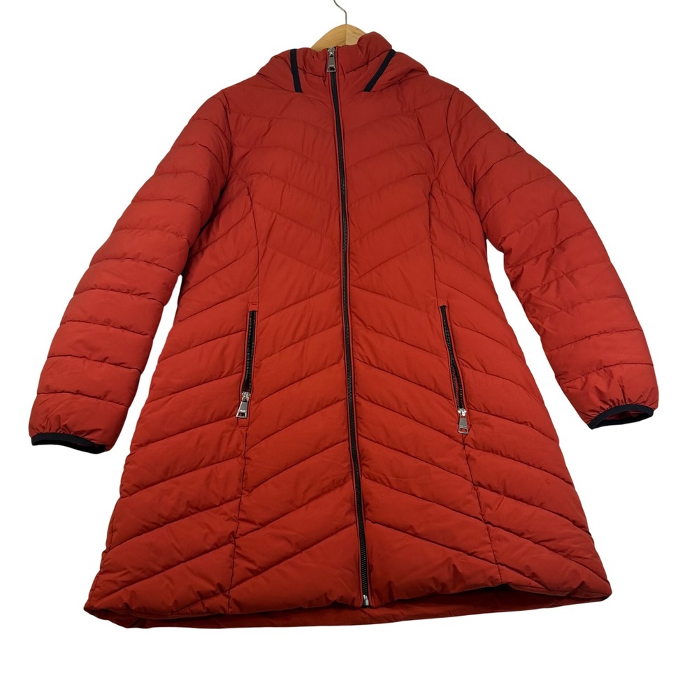 DKNY Womens Chevron Quilted Puffer Coat Rust Red Hooded Mid-Length Size L
